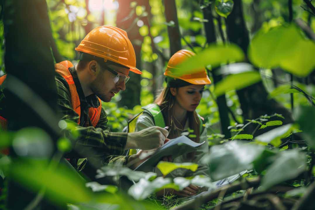 Auditors in safety helmets conducting environmental assessment in forest